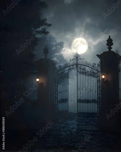 Dark Gothic Gate Under Full Moon Night