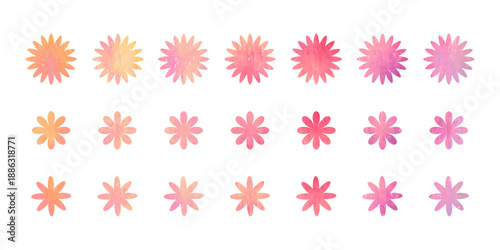 ピンク色の水彩絵の具で描かれた花のベクターイラスト　パステル調の花アイコンセット