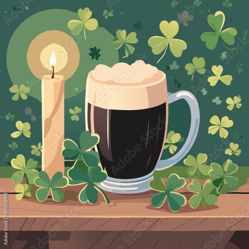 St. Patrick’s Day Dark Beer and Candle Illustration – Cozy Shamrock Pub Scene Vector Design