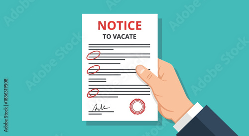Notice to vacate eviction letter illustration with hand holding legal document for rental and property law concept
