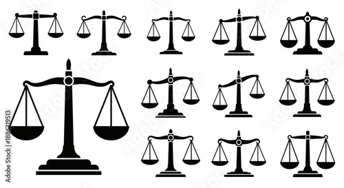 Scales of justice icon set with balance symbols representing law, fairness, equality and legal system
