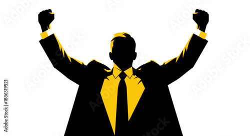 Business success and victory concept with powerful businessman silhouette raising fists in triumph
