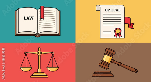 Law and justice concept set with legal book, certificate, scales of justice and judge gavel illustration
