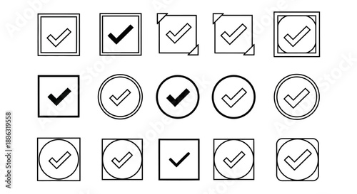 Check mark and checkbox outline icon set for approval, confirmation, checklist and validation concepts
