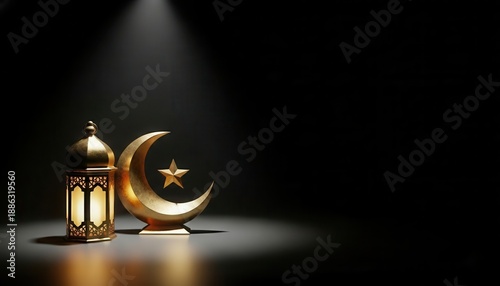 Ramadan Kareem - Golden Lantern and Crescent Moon with Star on Dark Background.
