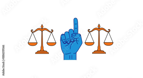 Justice and decision concept with scales of justice and pointing finger symbolizing law, choice and authority
