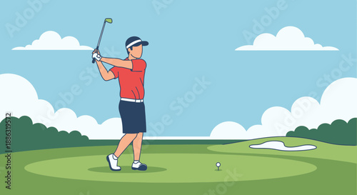 Golfer swinging club on green golf course flat illustration of outdoor sport and leisure activity
