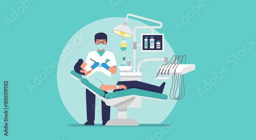Dentist examining patient in modern dental chair with professional equipment for oral health checkup
