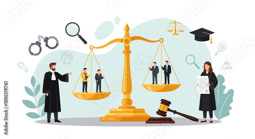 Justice balance concept with scales of justice, lawyers and equality, legal fairness illustration
