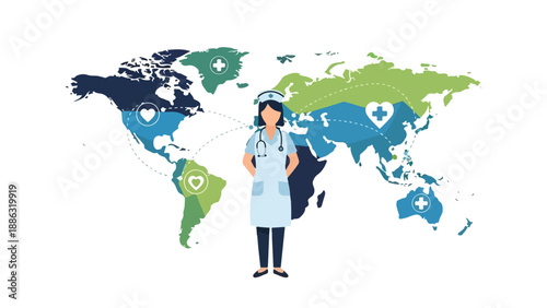 Wallpaper Mural Illustration of a nurse standing confidently in front of a colorful world map with various health-related symbols. Torontodigital.ca