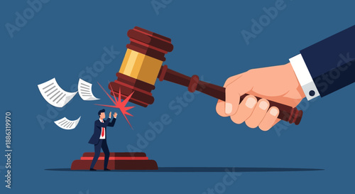 Giant hand wields gavel to crush small businessman in court, symbolizing legal judgment and power.