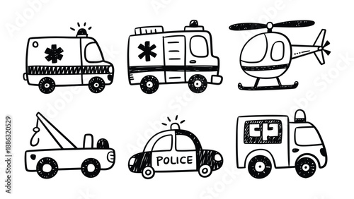 Emergency Vehicles Hand-Drawn: A set of six unique hand-drawn emergency vehicles against a clean background, including a fire engine, ambulance, police car, helicopter, tow truck and rescue truck.