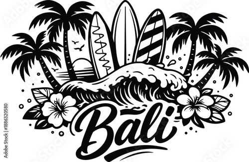 Tropical island summer vacation vector illustration featuring exotic palm tree silhouettes and a paradise beach landscape with ocean water and sun design elements for travel banners