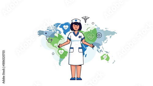 A female nurse in a white uniform stands confidently in front of a colorful world map with various medical symbols around her, conveying a sense of global healthcare.
