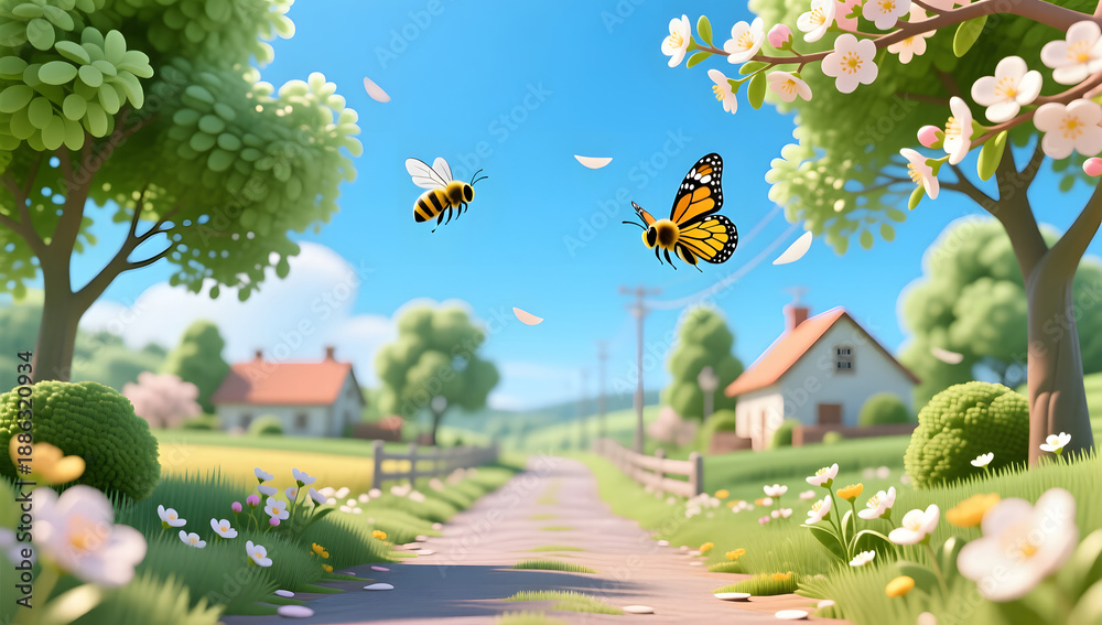 Fototapeta premium 3D scene of butterflies and bees on a village road