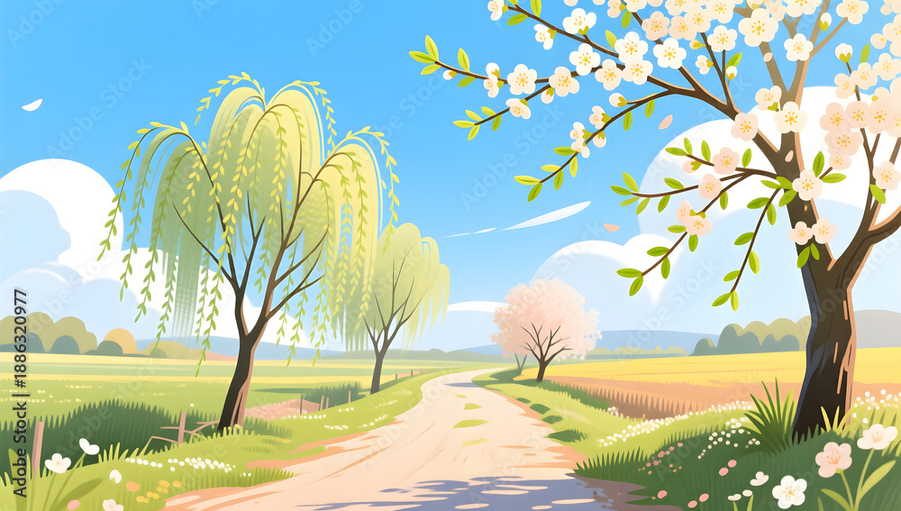 Obraz premium Beautiful spring path with budding willow trees