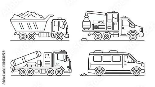  Line Art Fleet of Transport Vehicles: An array of detailed line art illustrations showcases a variety of transport vehicles, perfect for construction, delivery, and transportation-themed designs.