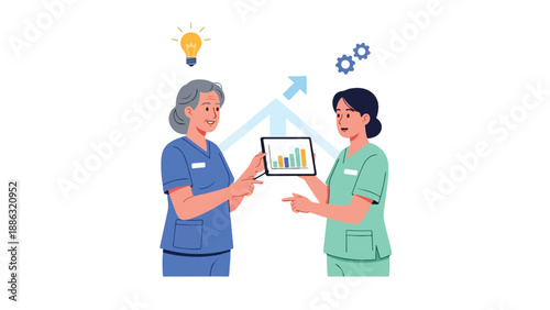 Two nurses discussing a tablet with a bar graph in a professional setting against a clean white background.