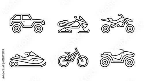 Vehicular Variety: A collection of various vehicles, including an off-road SUV, a snowmobile, a motorcycle, a jet ski, a bicycle, and an ATV, each depicted in clean, minimalist line art.