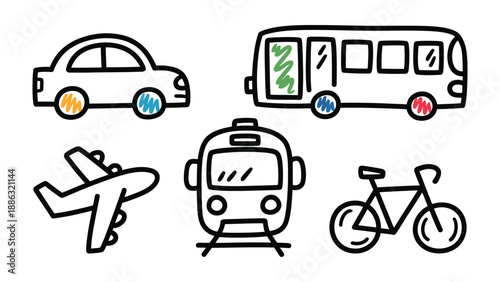 Doodle Transport Icons: A delightful array of hand-drawn transportation icons, each one bursting with character and creativity. This whimsical set includes a car, bus, airplane, train, and bicycle.