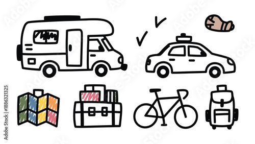Travel Essentials Doodle: Collection of drawn travel elements. Illustrates adventure and vacation preparations, including a camper van, car, suitcase, backpack, bicycle and a map, ready for a getaway