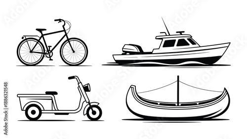 Diverse Transport Collection: An artistic monochrome array of a bicycle, a motorboat, a scooter, and a rowboat, illustrating the various modes of transport.