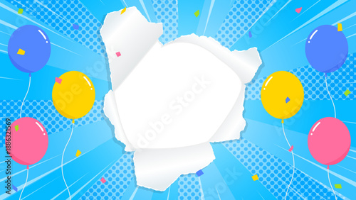 穴の空いた紙の背景フレーム、風船、紙吹雪、集中線のデコレーション、サンバースト、16:9サイズ