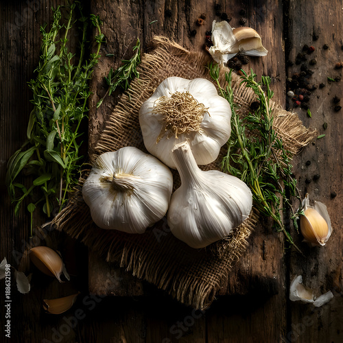 Fresh Garlic Bulbs on Rustic Linen Background