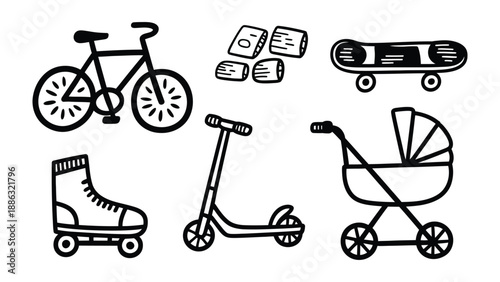 Recreation Tools: A set of sketched illustrations showcasing various recreational tools, perfect for depicting leisure activities and hobbies.