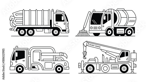 Diverse Utility Trucks: This black and white illustration showcases four utility trucks designed for essential services. They represent the workhorses of urban and infrastructure management.