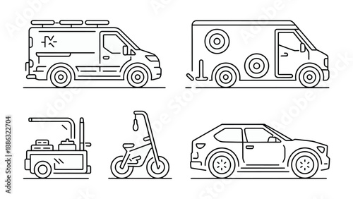 Vehicular Variety: A collection of various vehicles, including an ambulance, van, scooter, and car, presented in a minimalist line art style.