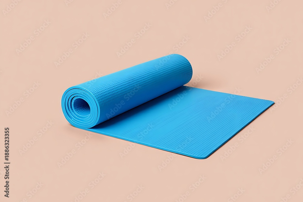 Obraz premium Bright blue yoga mat partially unrolled on a neutral beige background for fitness and exercise