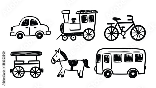 Drawn Transport Collection: A charming assembly of illustrated vehicles, each sketched with simple lines, creating a playful depiction of diverse modes of transport.