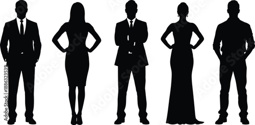 Black silhouettes of professional business people in formal suits and dresses standing in confident poses isolated on solid white background,