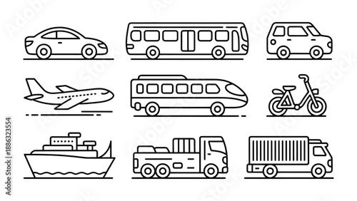 Transportation Icons: A collection of various transportation modes are presented, including cars, bus, airplane, train, scooter, boat, truck, conveying a sense of mobility and travel