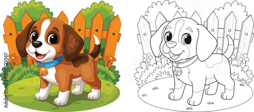 Cartoon puppy in garden, coloring page, cute dog illustration, children activity, backyard scene, fence, flowers, black and white version