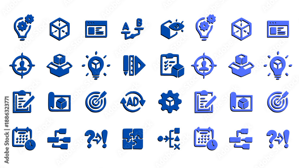Fototapeta premium Collection of blue business and technology icons in flat style. Suitable for corporate websites, apps, infographics, dashboards, and professional UI design.