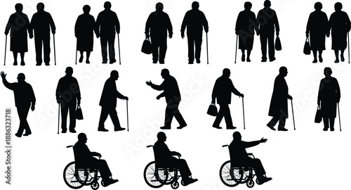 Elderly people silhouettes, seniors walking with cane and wheelchair, old age lifestyle, black vector illustration, healthcare and support concept