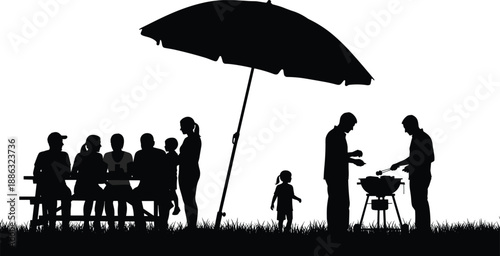 Family barbecue silhouette, outdoor picnic scene, people cooking on grill, social gathering, summer lifestyle, black vector illustration, white background