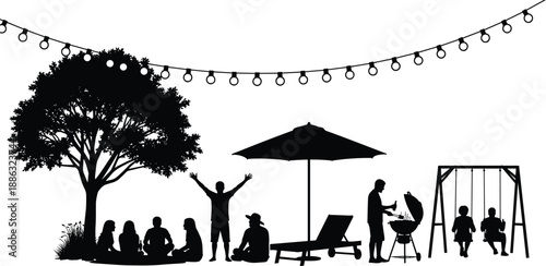 Family picnic silhouettes, outdoor barbecue and leisure scene, children playing on swings, summer gathering under tree, black vector illustration