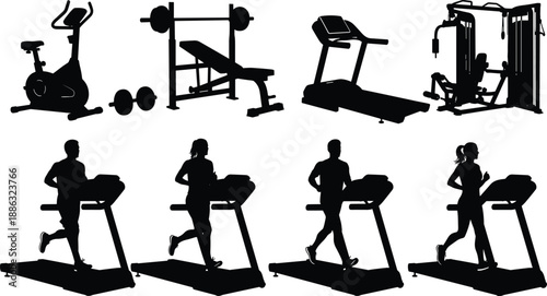 Gym fitness equipment silhouettes, treadmill workout people, strength training machines collection, exercise and bodybuilding concept, black vector illustration