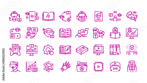 Pink flat icon set featuring education, learning, and knowledge symbols. Ideal for e-learning platforms, school websites, and educational apps.