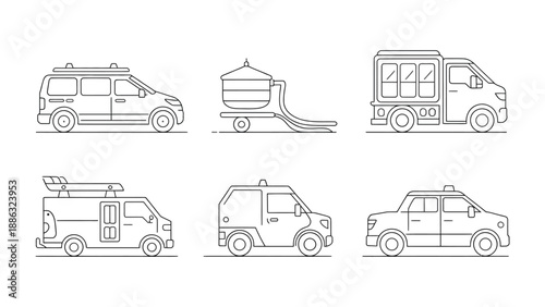 Diverse Vehicle Fleet: A collection of various vehicles, including a van, tanker, truck, and specialized service car, are displayed side-by-side, each a symbol of specific purpose and function.