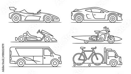 Vehicle Variety: A collection of various vehicle illustrations, showcasing diverse modes of transportation for a range of uses and preferences. 