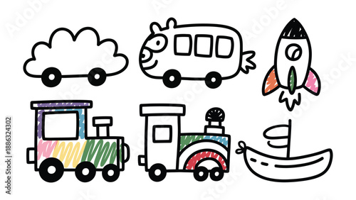 Creative Transportation Doodles: A delightful array of hand-drawn transportation illustrations, depicting a cloud-shaped car, school bus, rocket, train, and sailboat.