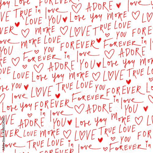 Seamless Pattern with Handwritten Love Quotes and Hearts