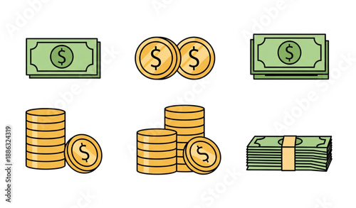 Minimal cartoon money and coin vector icon set isolated on transparent background