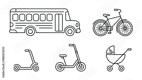 Urban Transportation Icons: A set of clean, minimalist line art icons representing diverse modes of urban transport, ready for versatile design applications.