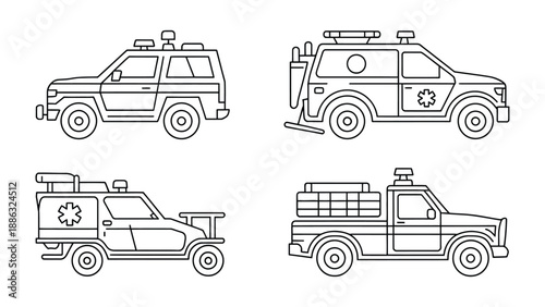 Emergency Vehicles: A collection of various emergency vehicles, meticulously illustrated to represent the diverse fleet used in critical situations.