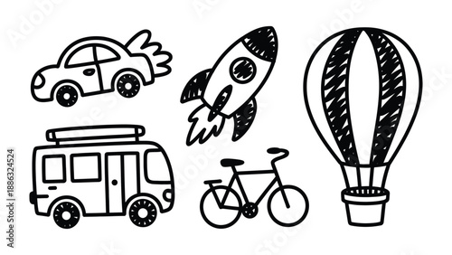 Cartoon Transportation Collection: A collection of various cartoon transportation vehicles, perfect for travel concepts, showcases diverse ways to get around with doodle style